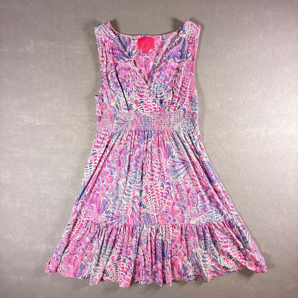 Lilly Pulitzer Vivette dress pink & purple v neck fit & flare ruffle skirt sz L